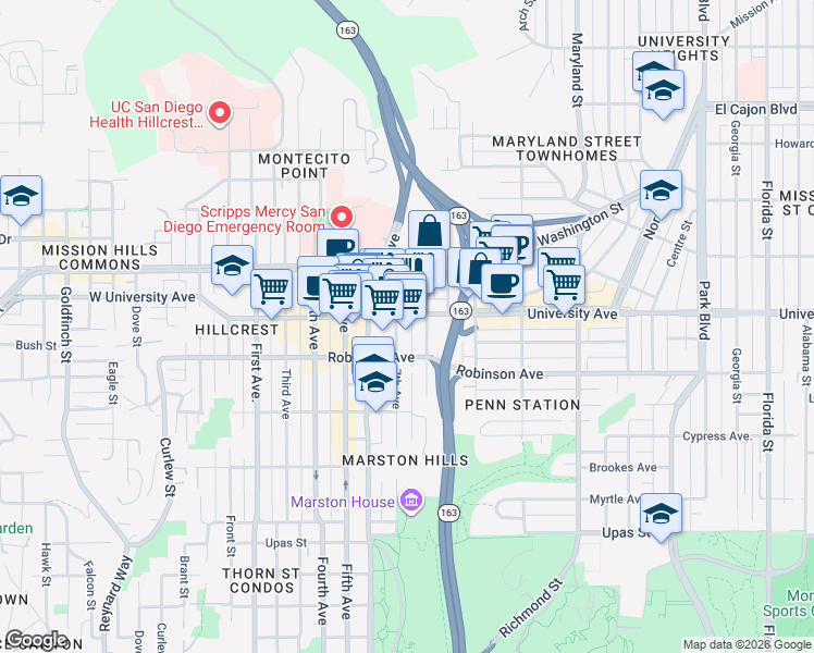 map of restaurants, bars, coffee shops, grocery stores, and more near 737 University Avenue in San Diego