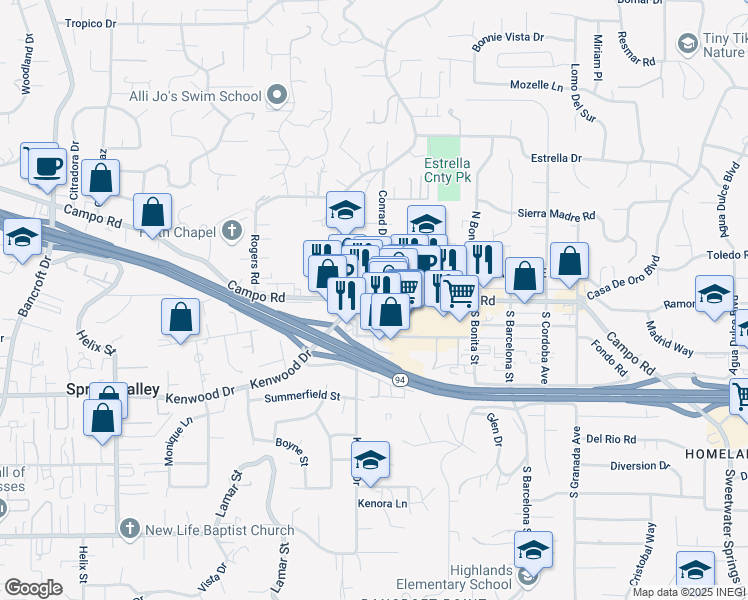 map of restaurants, bars, coffee shops, grocery stores, and more near 9682 Campo Road in Spring Valley