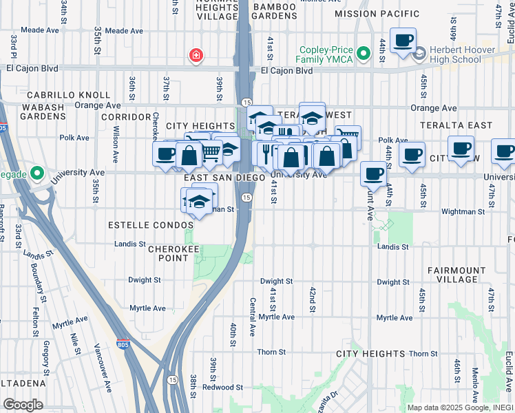 map of restaurants, bars, coffee shops, grocery stores, and more near 3805 Central Avenue in San Diego