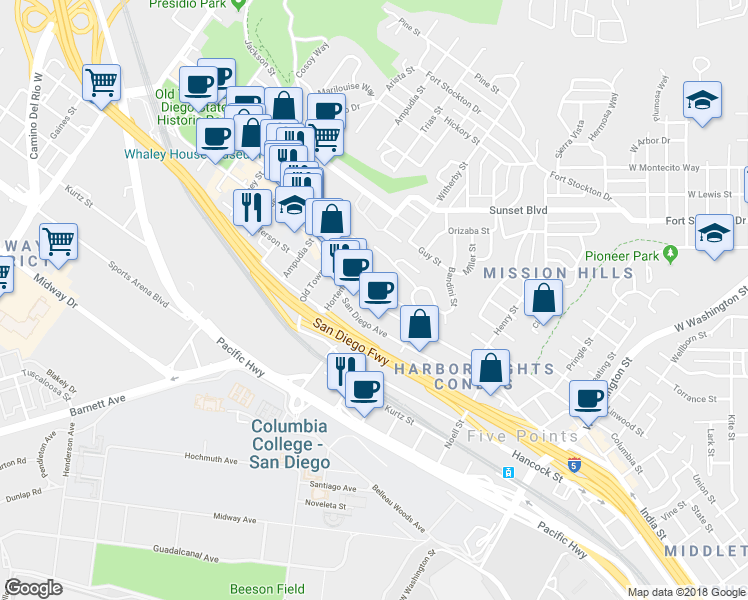 map of restaurants, bars, coffee shops, grocery stores, and more near 2186 West California Street in San Diego