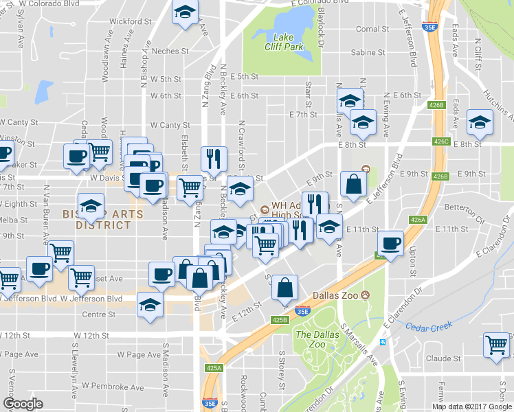 map of restaurants, bars, coffee shops, grocery stores, and more near 208 South Crawford Street in Dallas