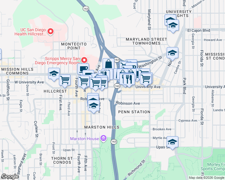 map of restaurants, bars, coffee shops, grocery stores, and more near 819 University Avenue in San Diego