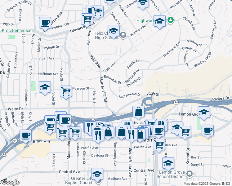 map of restaurants, bars, coffee shops, grocery stores, and more near 3935 Sacramento Drive in La Mesa