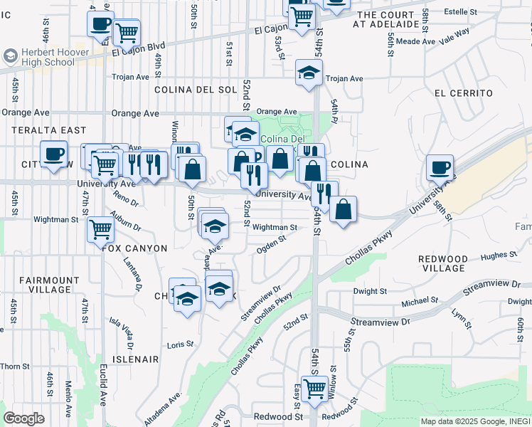 map of restaurants, bars, coffee shops, grocery stores, and more near 5247 Rex Avenue in San Diego