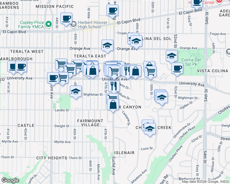 map of restaurants, bars, coffee shops, grocery stores, and more near 4780 Auburn Drive in San Diego