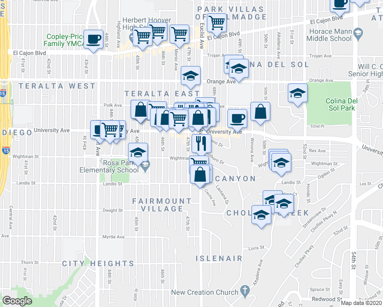 map of restaurants, bars, coffee shops, grocery stores, and more near 4718 Wightman Street in San Diego