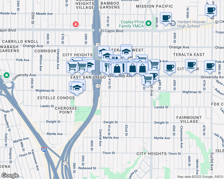 map of restaurants, bars, coffee shops, grocery stores, and more near 4122 Wightman Street in San Diego