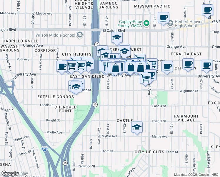 map of restaurants, bars, coffee shops, grocery stores, and more near 4122 Wightman Street in San Diego