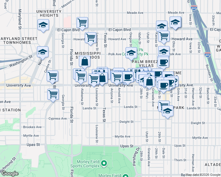 map of restaurants, bars, coffee shops, grocery stores, and more near 3822 1/2 Arizona Street in San Diego
