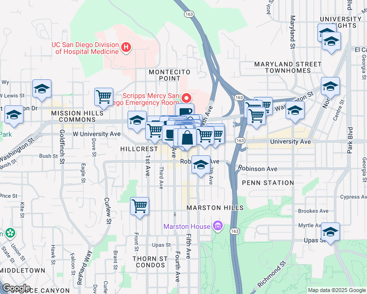 map of restaurants, bars, coffee shops, grocery stores, and more near 3880 Fifth Avenue in San Diego