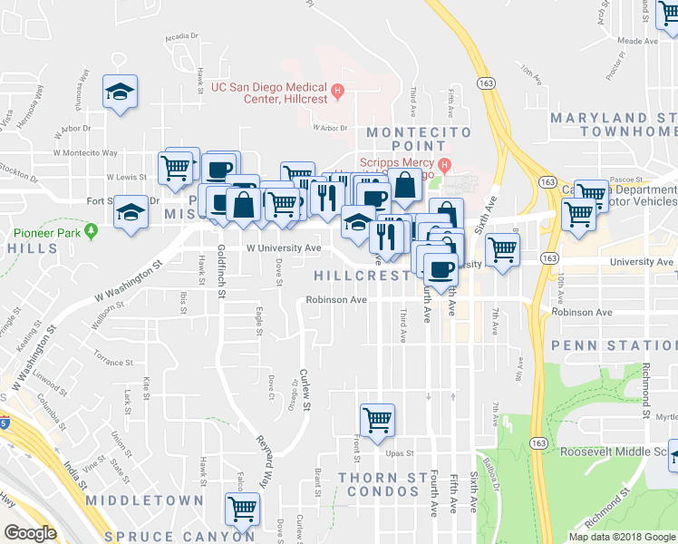 map of restaurants, bars, coffee shops, grocery stores, and more near 3844 Albatross Street in San Diego