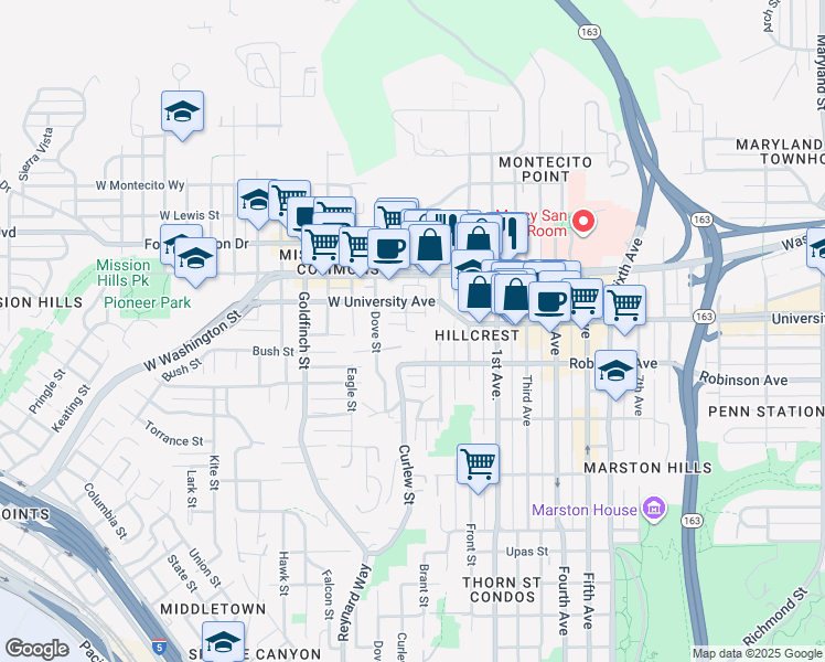 map of restaurants, bars, coffee shops, grocery stores, and more near 3844 Albatross Street in San Diego