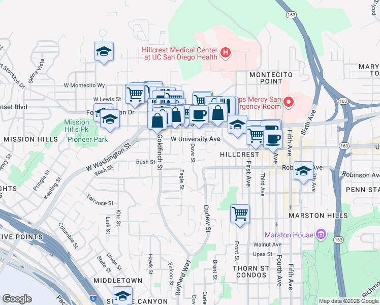map of restaurants, bars, coffee shops, grocery stores, and more near 3840 Eagle Street in San Diego