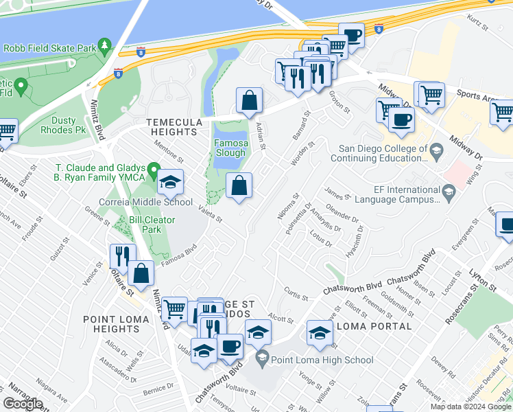 map of restaurants, bars, coffee shops, grocery stores, and more near 2654 Worden Street in San Diego