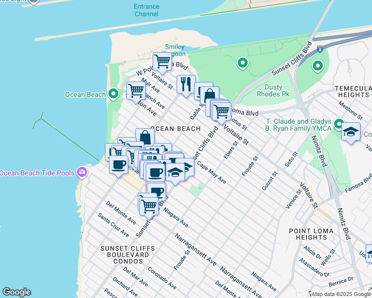 map of restaurants, bars, coffee shops, grocery stores, and more near 4844 Cape May Avenue in San Diego