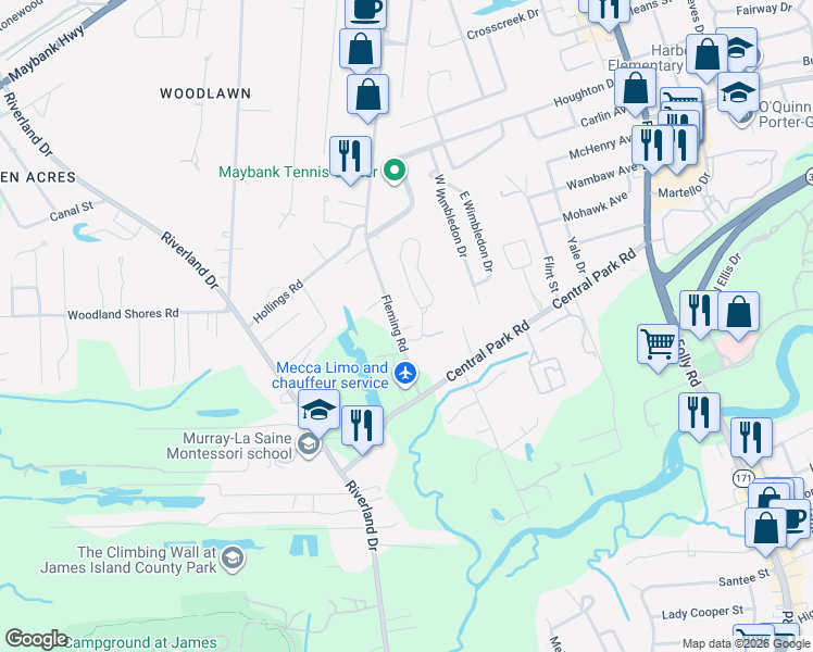 map of restaurants, bars, coffee shops, grocery stores, and more near 1820 Fleming Woods Road in Charleston