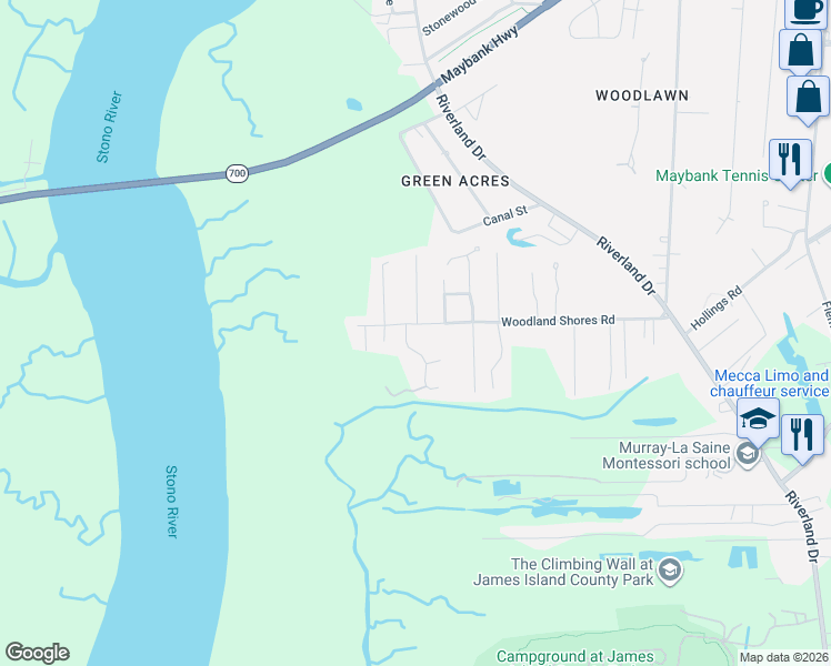 map of restaurants, bars, coffee shops, grocery stores, and more near 2235 Woodland Shores Road in Charleston