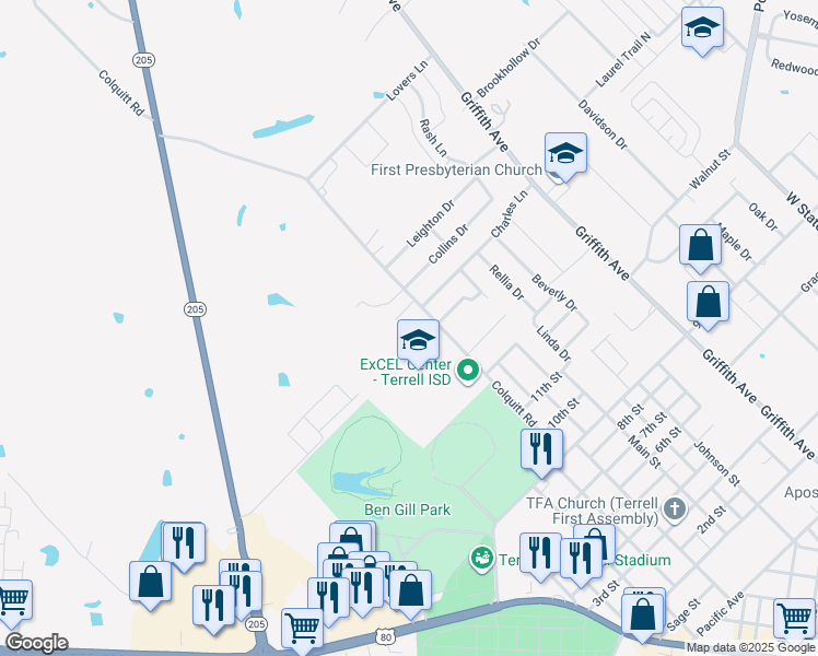 map of restaurants, bars, coffee shops, grocery stores, and more near 1451 Colquitt Road in Terrell