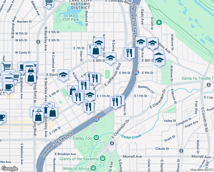 map of restaurants, bars, coffee shops, grocery stores, and more near 706 East 10th Street in Dallas