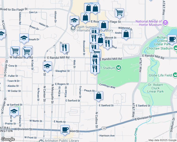 map of restaurants, bars, coffee shops, grocery stores, and more near 625 Slaughter Street in Arlington