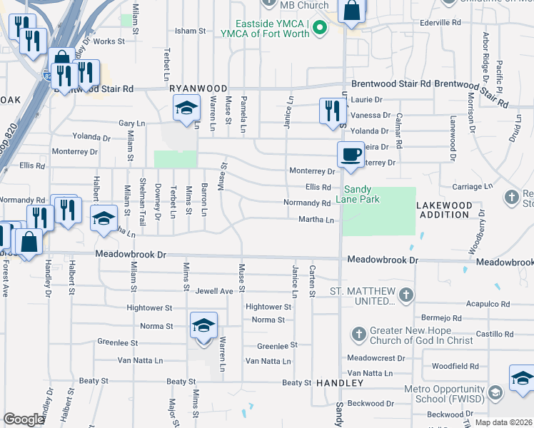map of restaurants, bars, coffee shops, grocery stores, and more near 7233 Martha Lane in Fort Worth
