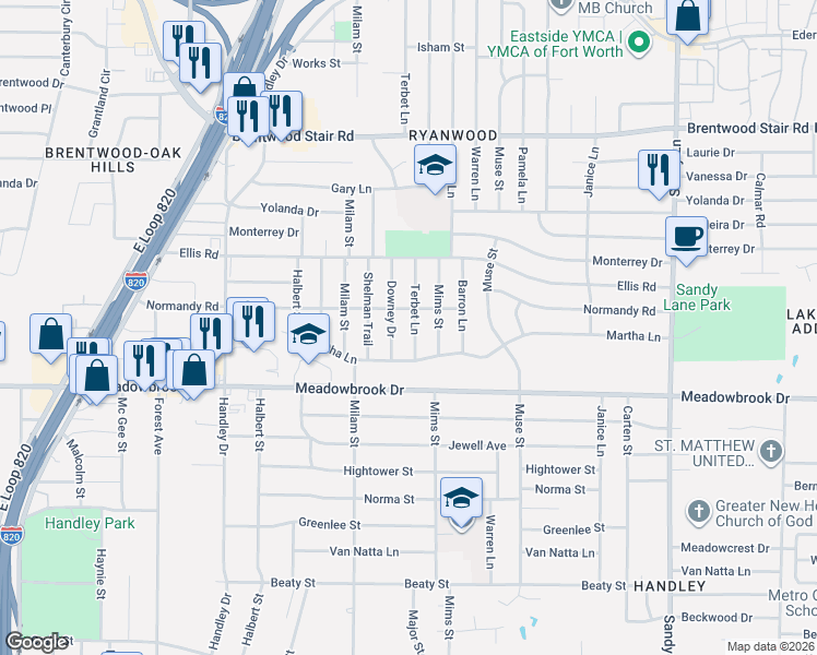 map of restaurants, bars, coffee shops, grocery stores, and more near 2008 Terbet Lane in Fort Worth