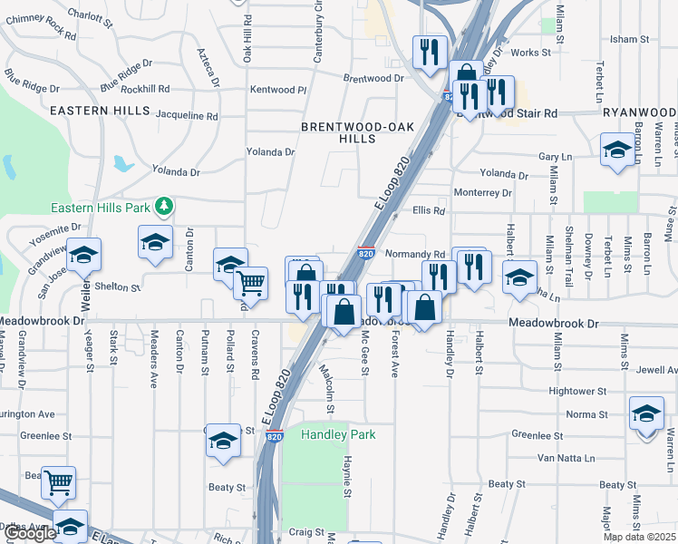 map of restaurants, bars, coffee shops, grocery stores, and more near 2164 East Loop 820 in Fort Worth