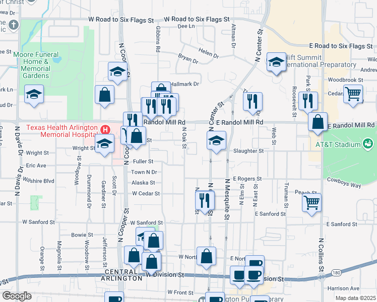 map of restaurants, bars, coffee shops, grocery stores, and more near 901 North Oak Street in Arlington