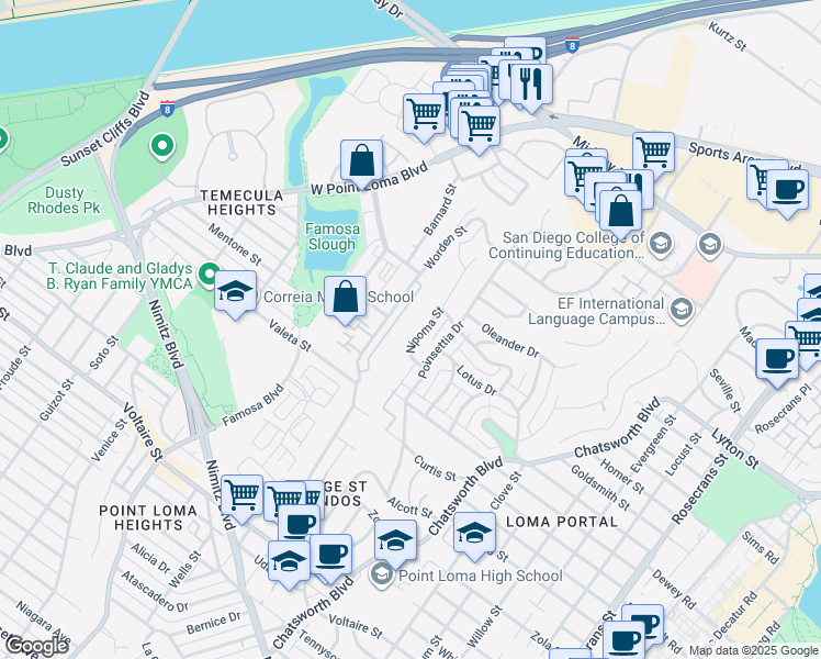 map of restaurants, bars, coffee shops, grocery stores, and more near 2736 Nipoma Street in San Diego