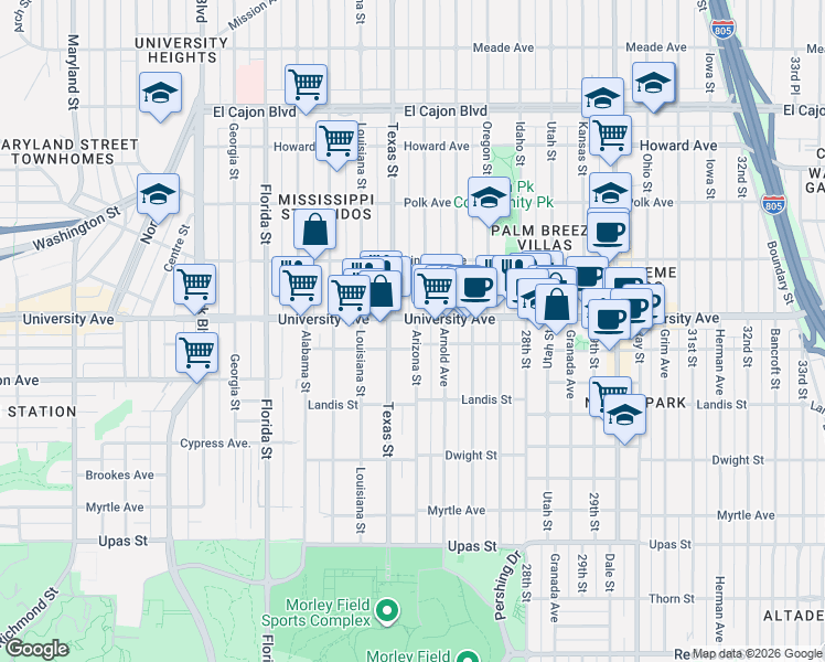 map of restaurants, bars, coffee shops, grocery stores, and more near 3822 1/2 Arizona Street in San Diego