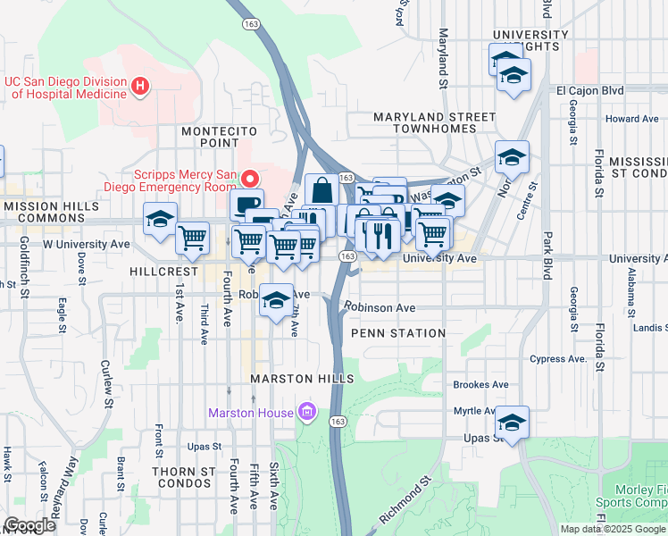 map of restaurants, bars, coffee shops, grocery stores, and more near 819 University Avenue in San Diego