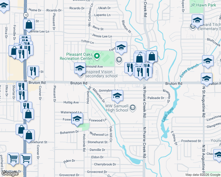 map of restaurants, bars, coffee shops, grocery stores, and more near 8847 Donnybrook Lane in Dallas