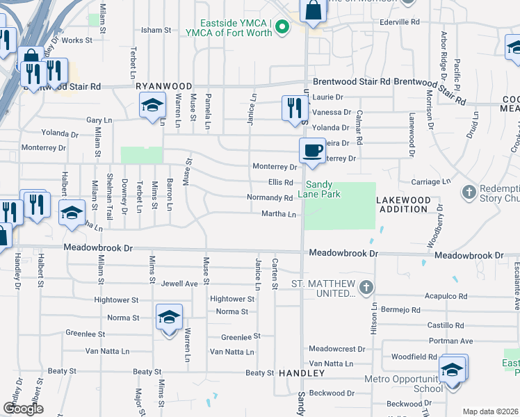 map of restaurants, bars, coffee shops, grocery stores, and more near 7305 Martha Ln in Fort Worth