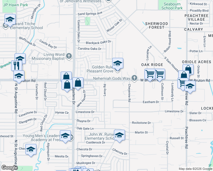 map of restaurants, bars, coffee shops, grocery stores, and more near 2036 Leroy Road in Dallas