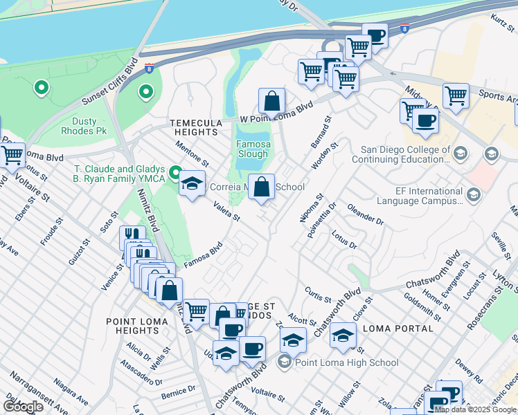 map of restaurants, bars, coffee shops, grocery stores, and more near in San Diego