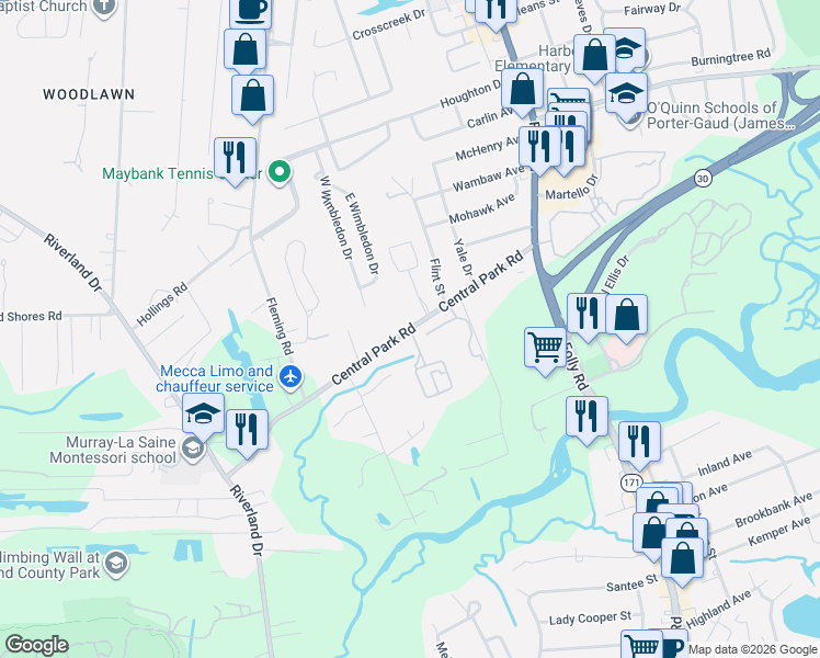 map of restaurants, bars, coffee shops, grocery stores, and more near 1811 Central Park Road in Charleston