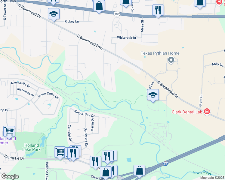 map of restaurants, bars, coffee shops, grocery stores, and more near 1818 Sylvia Street in Weatherford