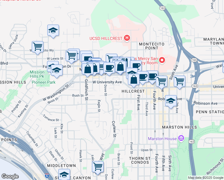 map of restaurants, bars, coffee shops, grocery stores, and more near 411 University Place in San Diego