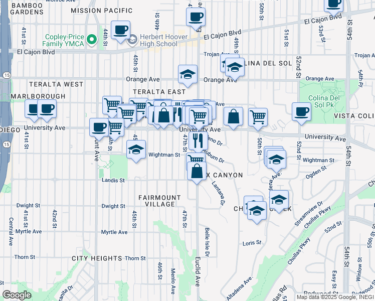 map of restaurants, bars, coffee shops, grocery stores, and more near 3815 47th Street in San Diego