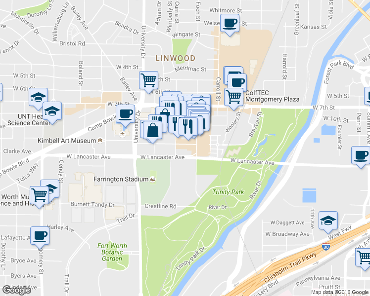 map of restaurants, bars, coffee shops, grocery stores, and more near 2825 Bledsoe Street in Fort Worth