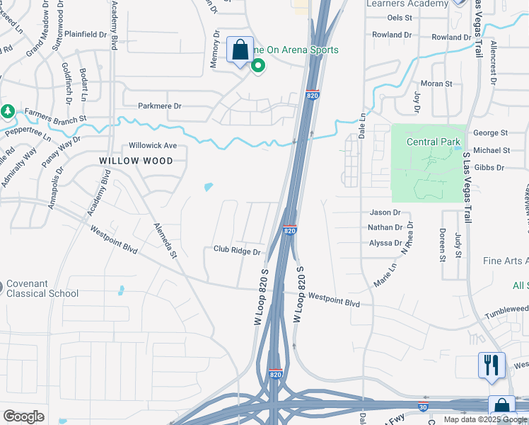 map of restaurants, bars, coffee shops, grocery stores, and more near 1012 Bending Oak Drive in Fort Worth