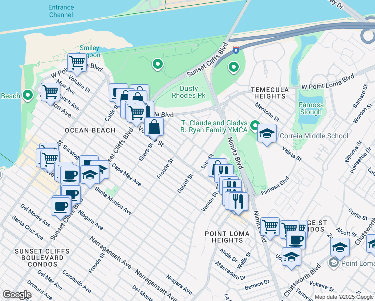 map of restaurants, bars, coffee shops, grocery stores, and more near 2242 Seaside Street in San Diego