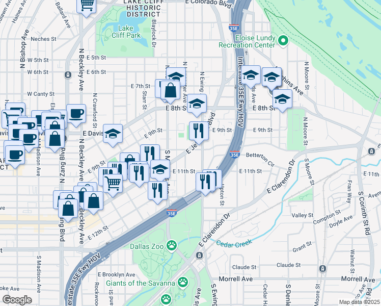 map of restaurants, bars, coffee shops, grocery stores, and more near 702 East Jefferson Boulevard in Dallas