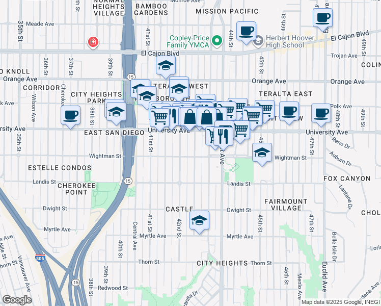 map of restaurants, bars, coffee shops, grocery stores, and more near 4238-40 Wightman Street in San Diego