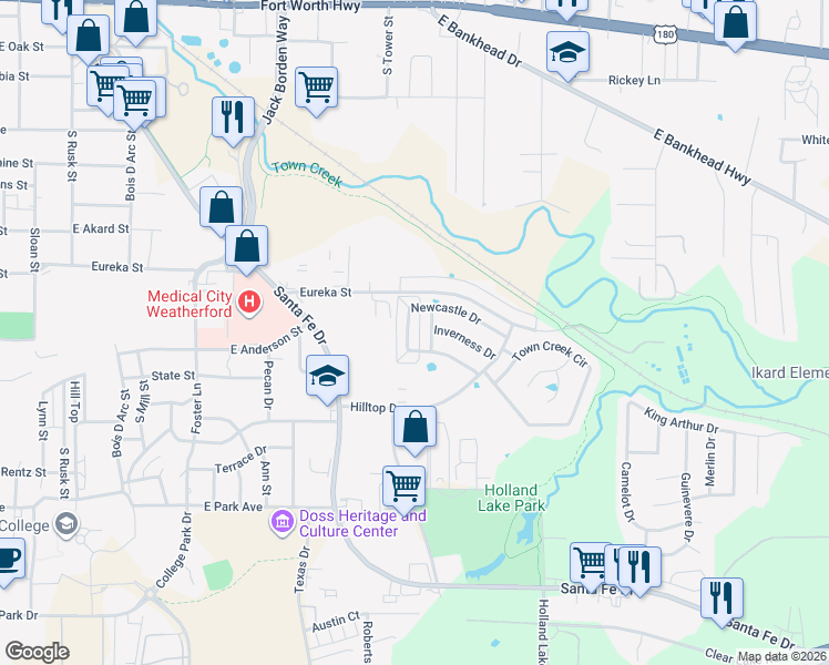 map of restaurants, bars, coffee shops, grocery stores, and more near 1137 Newcastle Drive in Weatherford