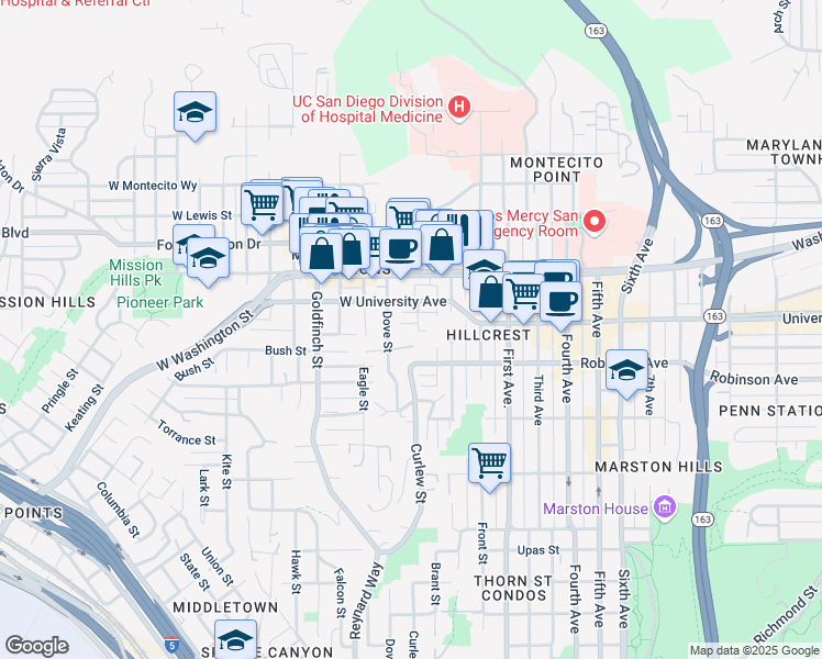 map of restaurants, bars, coffee shops, grocery stores, and more near 411 University Place in San Diego