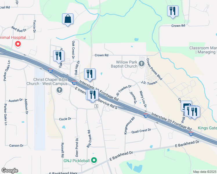 map of restaurants, bars, coffee shops, grocery stores, and more near 4141 Interstate 20 Service Rd in Willow Park