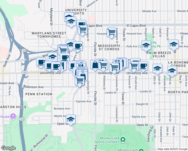map of restaurants, bars, coffee shops, grocery stores, and more near 3880 Florida Street in San Diego