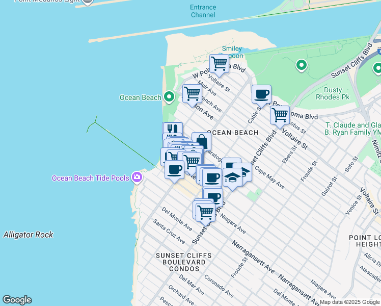map of restaurants, bars, coffee shops, grocery stores, and more near 5016 Santa Monica Avenue in San Diego
