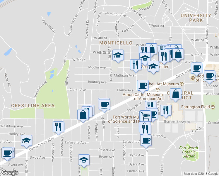 map of restaurants, bars, coffee shops, grocery stores, and more near 3902 Clarke Avenue in Fort Worth